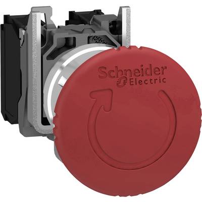 Pulsante di emergenza rosso di Schneider Electric con simbolo di freccia, montato su un involucro nero.