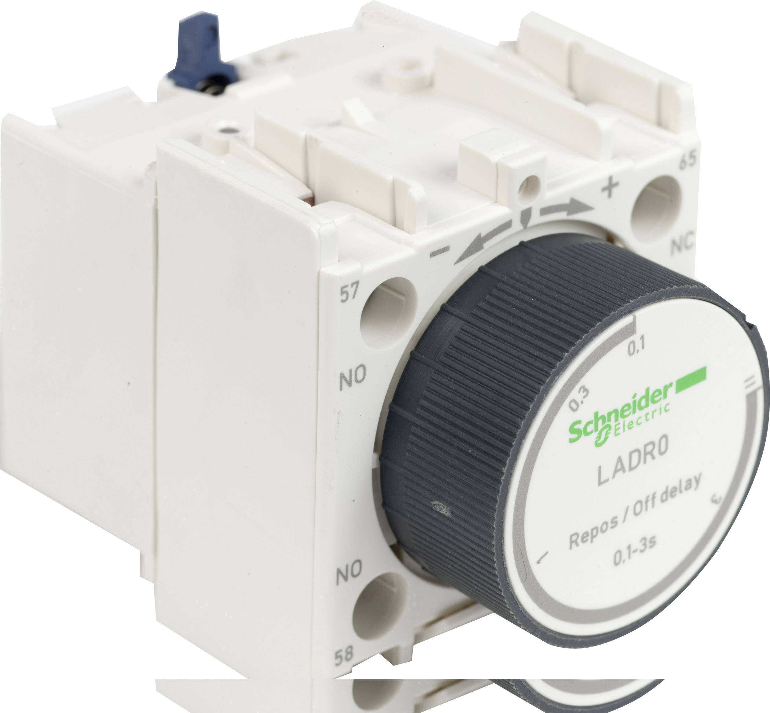 Relè temporizzato di Schneider Electric, modello LADRO, con impostazione di ritardo da 0,1 a 3 secondi.