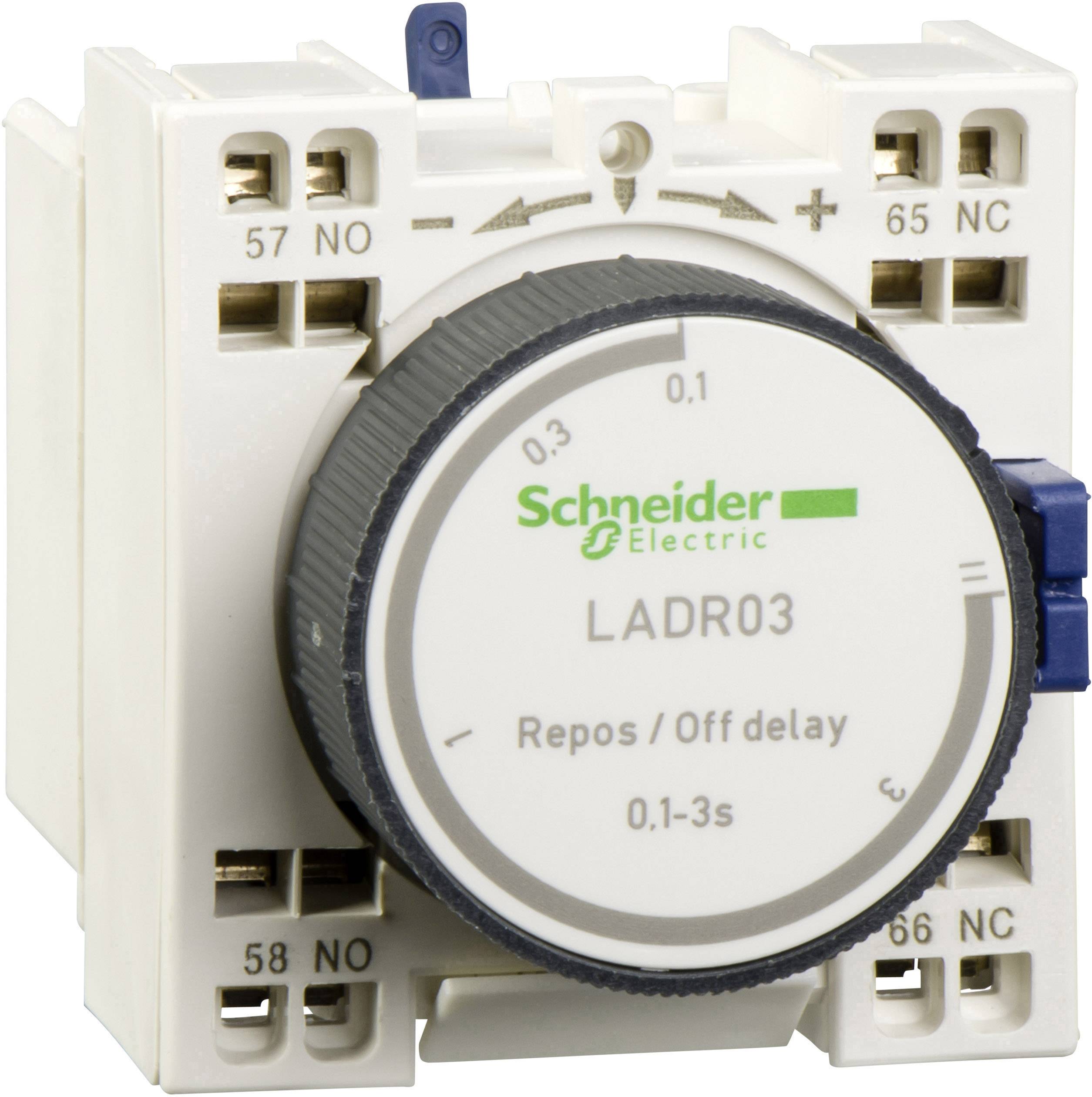 Relè temporizzatore elettronico di Schneider Electric, modello LADR03. Ritardo regolabile tra 0,1 e 3 secondi.