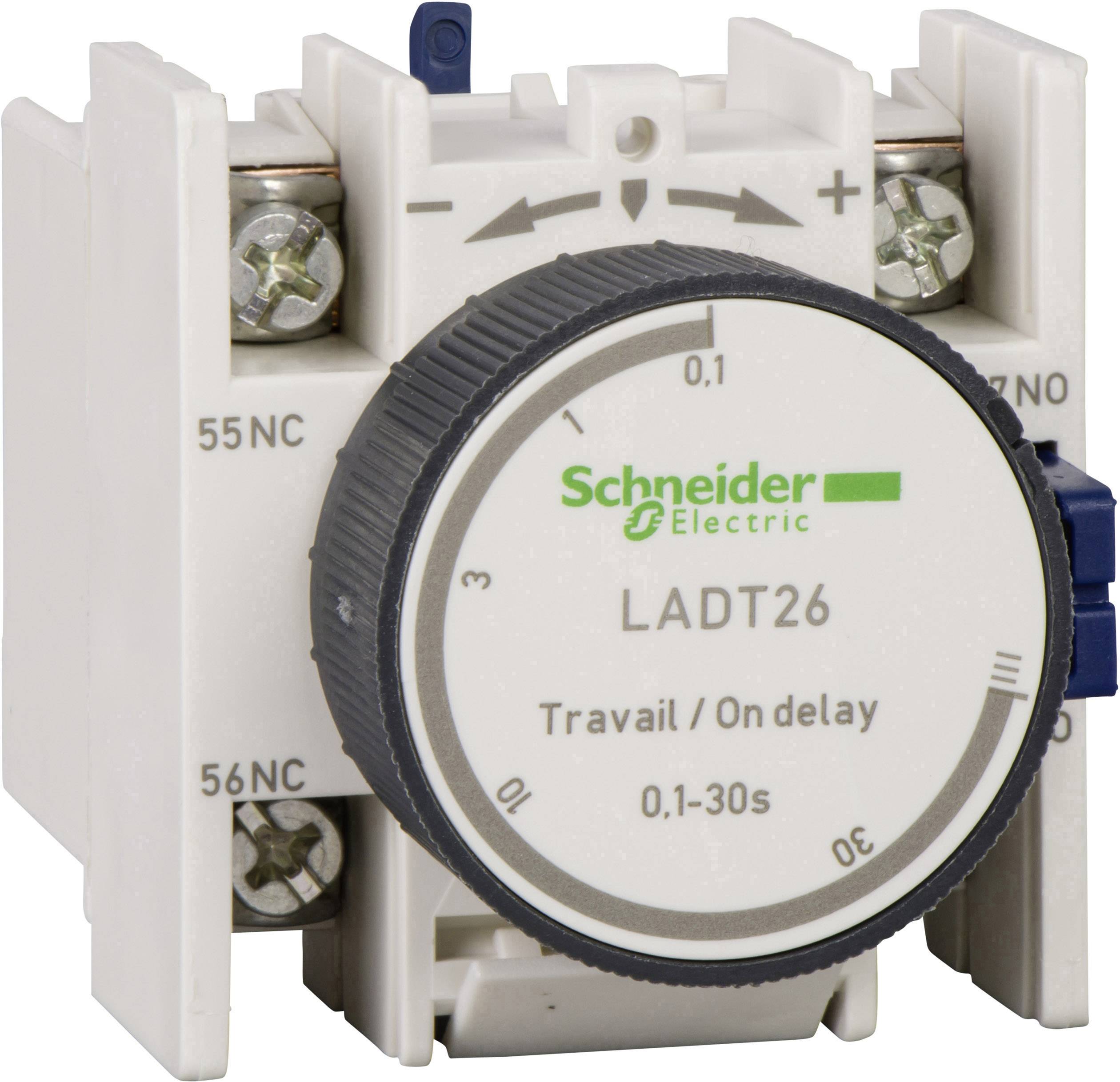 Un relè temporizzato di Schneider Electric con scala da 0,1 a 30 secondi per la regolazione del ritardo. Codice prodotto: LADT26.