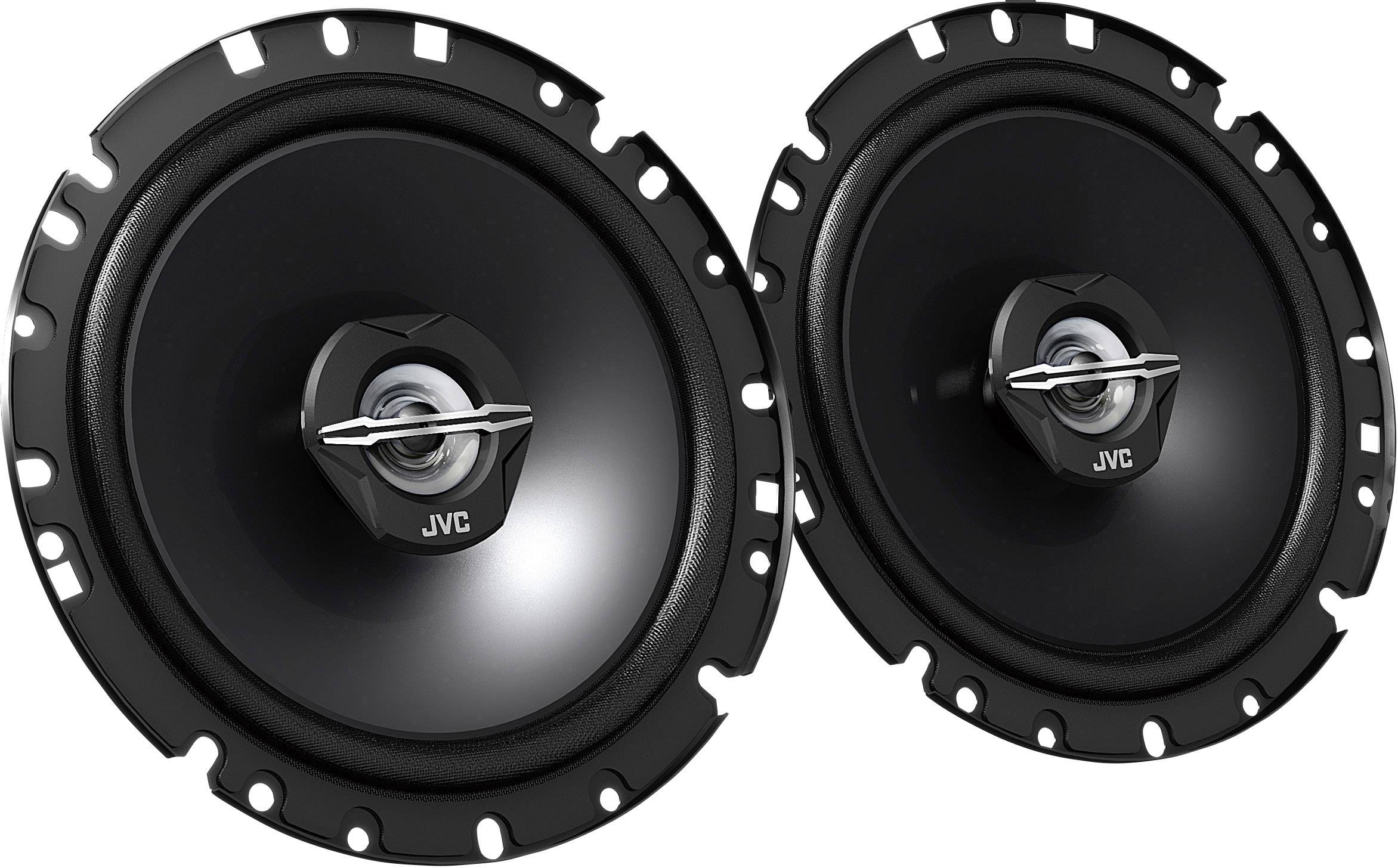 Due altoparlanti JVC neri con design circolare e dettagli metallici centrali, adatti per installazioni in auto.