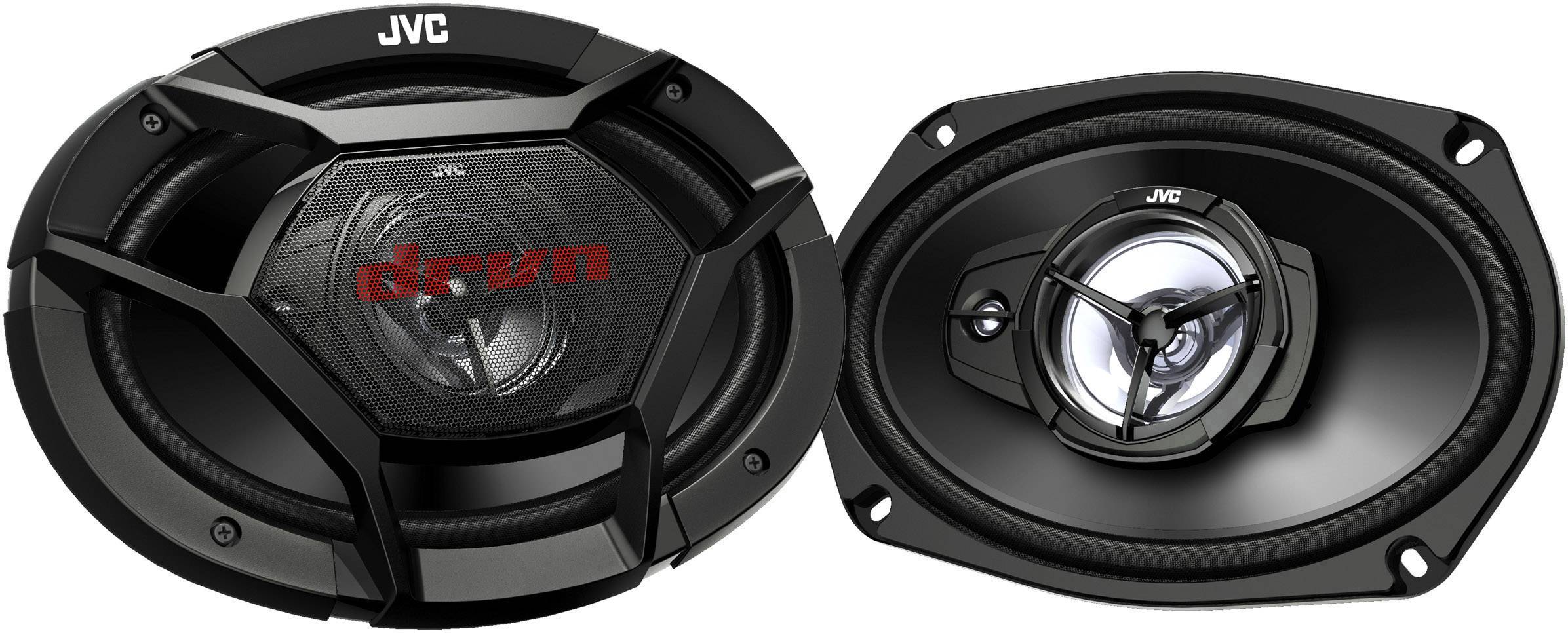 Due altoparlanti ovali JVC. A sinistra un modello chiuso, a destra un modello con woofer e tweeter visibili.