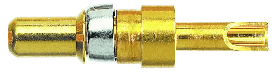Spinotto banana dorato con parte isolante centrale, mostrato lateralmente, per un collegamento sicuro di cavi e dispositivi elettrici.