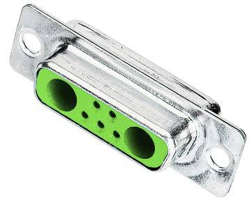 Connettore con prese verdi, involucro metallico, forma rettangolare. Utilizzato per collegare dispositivi elettronici.