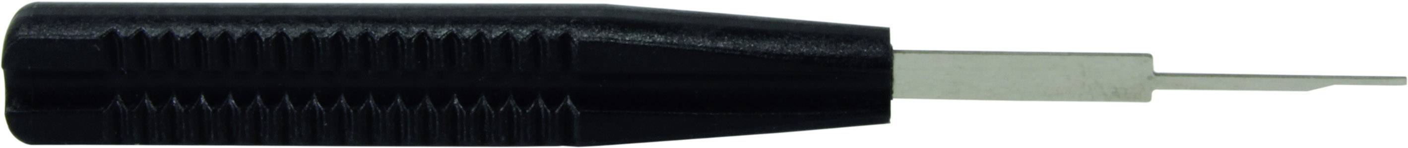 Un manico nero in plastica con un utensile metallico collegato che ha una punta stretta e piatta. Possibile utilizzo come strumento di leva o per aprire.