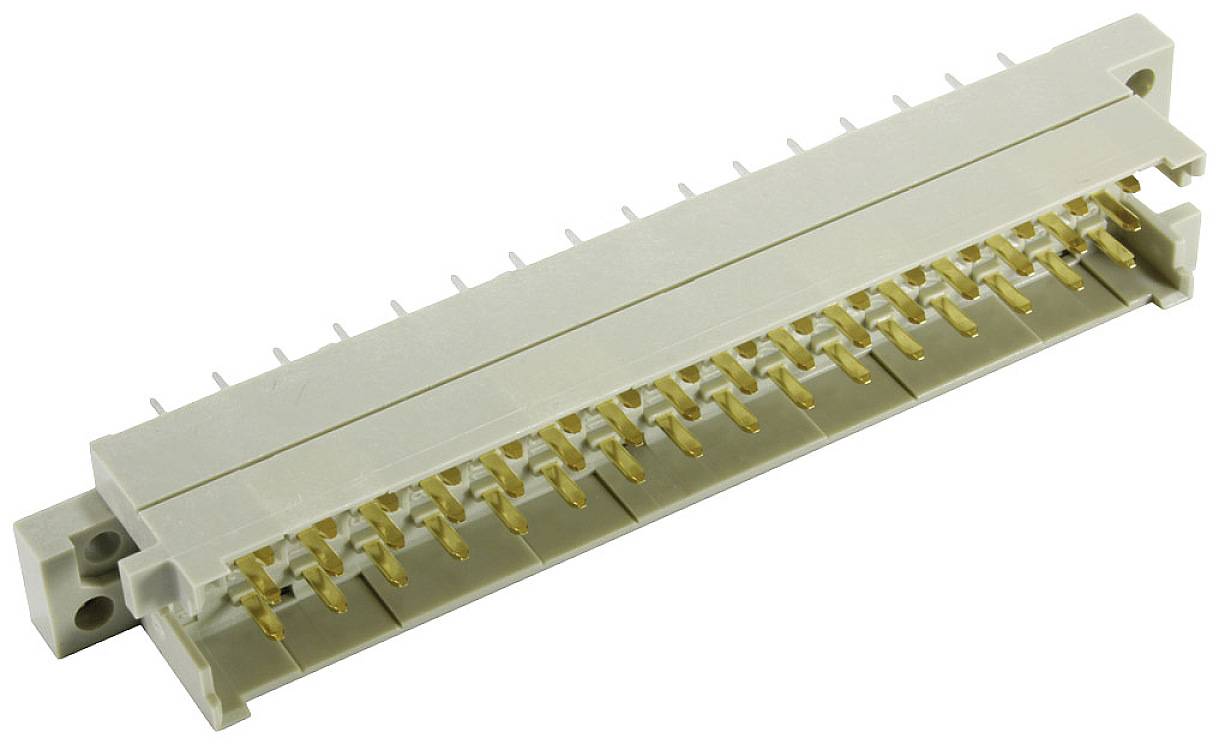 Un connettore elettrico grigio con piedini di contatto dorati, orientato orizzontalmente, su uno sfondo neutro.