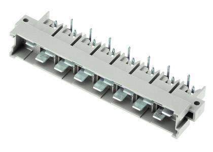 Modulo elettrico grigio, rettangolare, con più spinotti e morsetti metallici per il collegamento di cavi o conduttori.