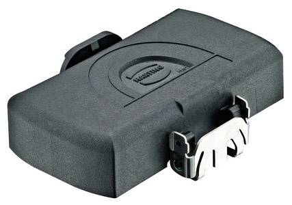 Custodia nera in plastica con serratura metallica, probabilmente una copertura protettiva per dispositivi meccanici o elettronici.
