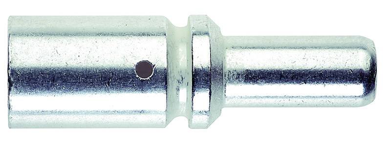 Un innesto metallico argentato di forma cilindrica con un foro sul lato sinistro, su sfondo bianco.