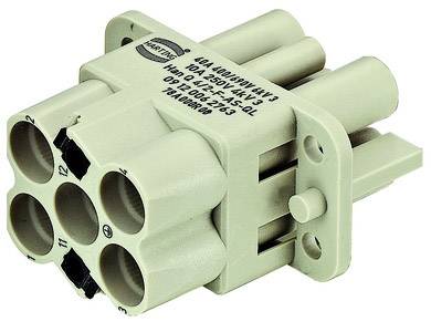 Un connettore a 6 poli in plastica con fori di fissaggio laterali, utilizzato nei sistemi elettrici.