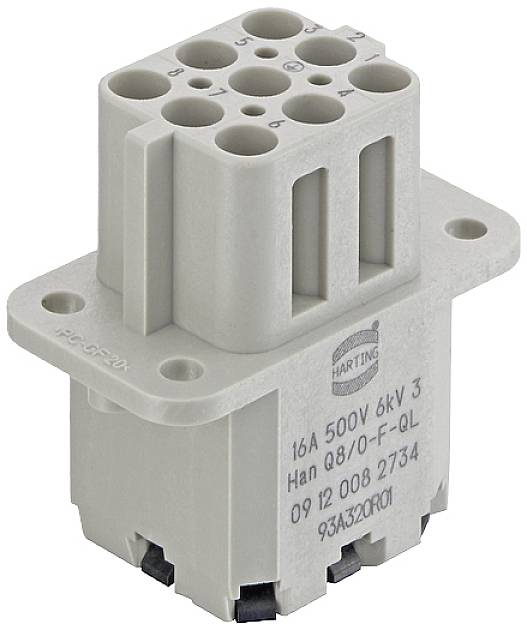 Connettore industriale con involucro grigio e più alloggiamenti circolari, adatto per applicazioni da 16A e 500V.