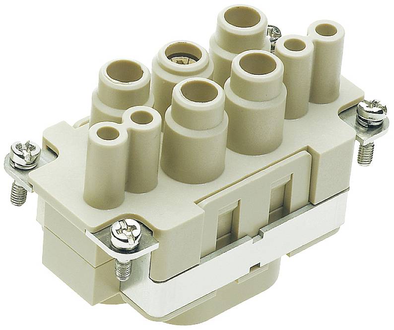 Connettore elettrico beige con più attacchi e viti metalliche agli angoli per il fissaggio.