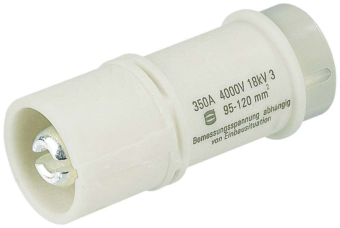 Fusibile ceramico bianco con scritta '350A 4000V 18kV 3 95-120 mm', contatti metallici visibili.