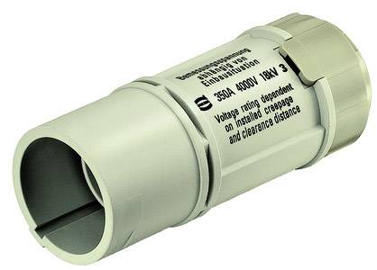 Connettore elettrico grigio con marcature, '350A 4000V 18kV', forma cilindrica. Adatto per applicazioni industriali.