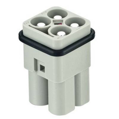 Connettore elettrico grigio con quattro aperture e anello di gomma nero sul bordo superiore.