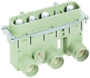 Connettore verde con tre fori circolari passanti e viti. Utilizzato per connessioni elettriche in sistemi di commutazione.