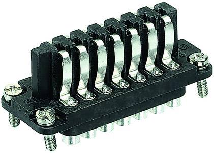 Un connettore nero multipolare con sei file di morsetti metallici, montato su un involucro rettangolare in plastica con viti agli angoli.