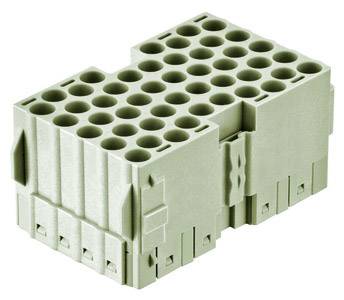 Un modulo di connessione grigio, rettangolare, con numerose aperture circolari per i connettori, adatto per connessioni elettriche in applicazioni industriali.