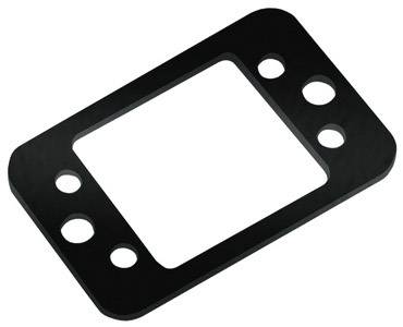 Un pezzo rettangolare nero in plastica con un grande taglio centrale e quattro fori rotondi su ciascun lato più lungo.