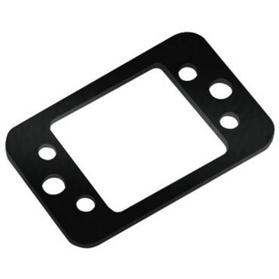 Un pezzo rettangolare nero in plastica con un grande taglio centrale e quattro fori rotondi su ciascun lato più lungo.