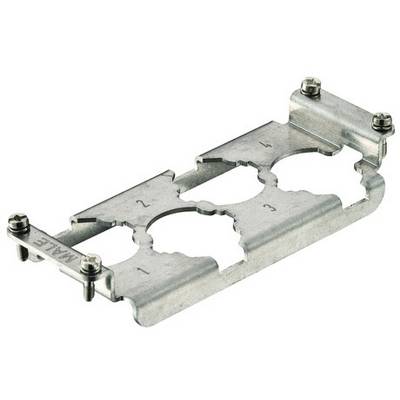 Supporto metallico con quattro cerchi numerati, viti agli angoli, per il fissaggio o l'organizzazione di componenti.
