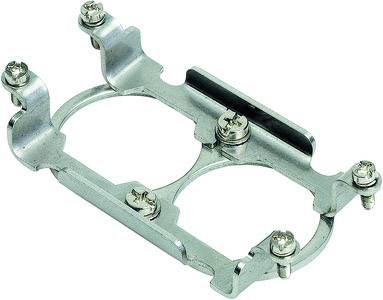 Supporto metallico con fori filettati, forma rettangolare, idoneo al fissaggio di componenti.