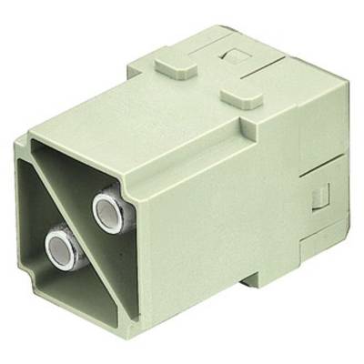 Adattatore a due poli di colore verde, rettangolare, in plastica con due contatti metallici, adatto per installazioni elettriche.