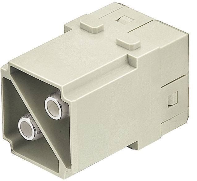Un connettore rettangolare beige in plastica con due attacchi rotondi argentati sul lato frontale.