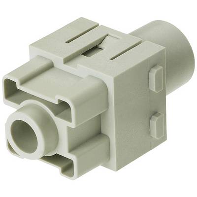 Un componente in plastica grigio, rettangolare, con più connettori e rientranze, probabilmente un connettore o un adattatore.