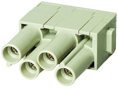 Un connettore grigio in plastica con quattro prese rotonde, adatto per connessioni elettriche, su sfondo bianco.