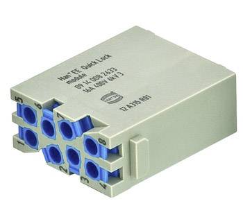 'Connettore industriale per cavi, involucro grigio con connessioni blu, contrassegnato come Han® EE Quick Lock per un utilizzo fino a 500V, 16A.'