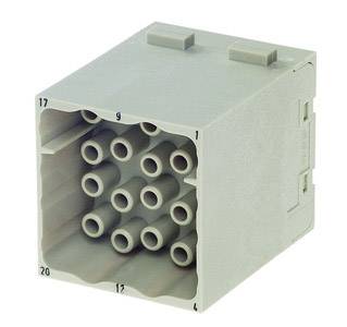 Un connettore elettrico grigio con 12 contatti rotondi. Forma rettangolare, angoli numerati da 1 a 20.
