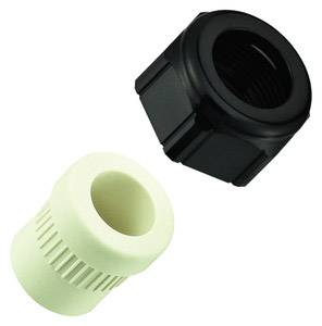 Due raccordi in plastica, uno nero e uno bianco, per connessioni di tubi, posizionati uno accanto all'altro su sfondo bianco.