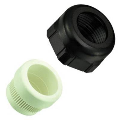Due tappi in plastica, uno nero con scanalature interne e uno bianco con filettatura esterna.