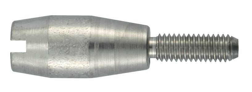Cappuccio di fissaggio metallico con asta scanalata e intaglio longitudinale frontale, su sfondo bianco. Adatto per montaggio meccanico.