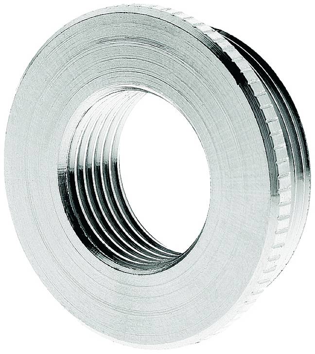 Un anello metallico argentato con dentatura e filettatura interna, mostrato leggermente in prospettiva laterale. Principalmente per applicazioni tecniche.