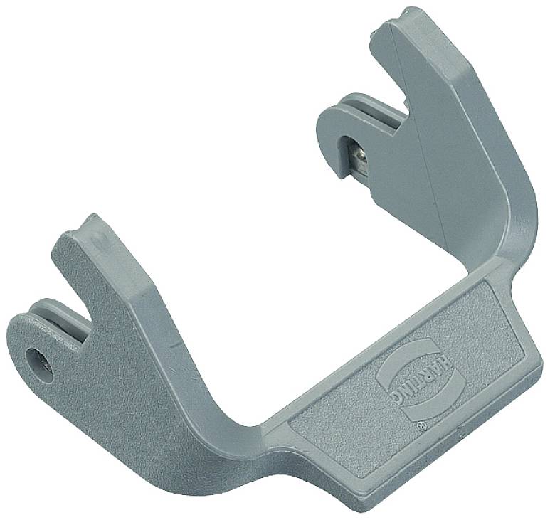 Un supporto rettangolare grigio in plastica con due bracci opposti, utilizzato per fissare o sostenere oggetti.