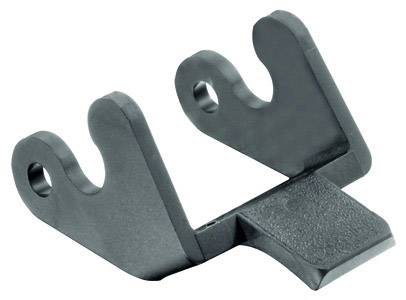 Un pezzo di metallo verniciato di nero con due ganci verticali e una base piatta. Sembra far parte di un dispositivo meccanico.