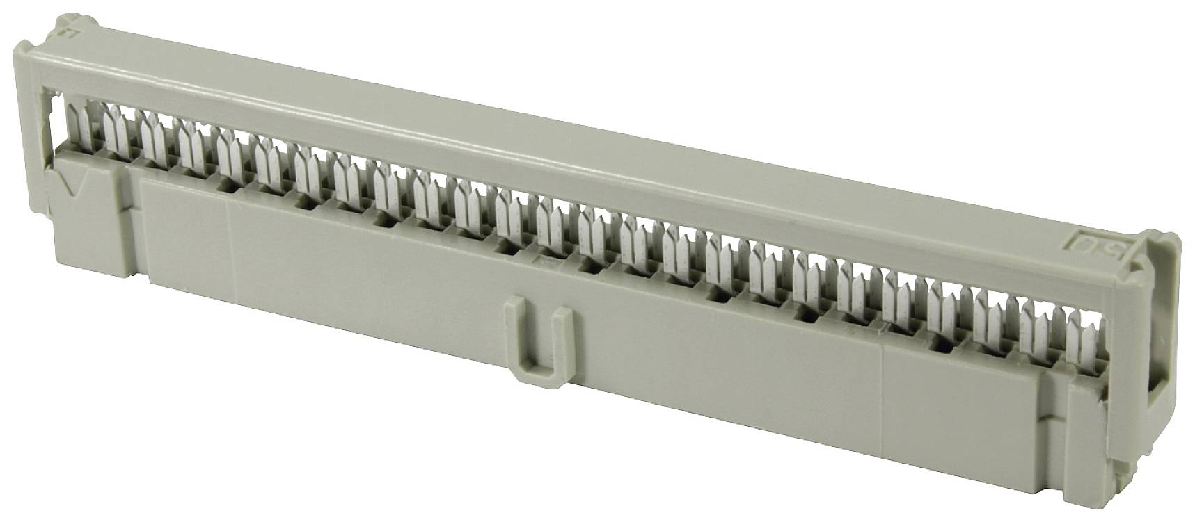 Un pettine di collegamento grigio o pettine ponte per unità di commutazione elettriche, utilizzato nelle morsettiere per la distribuzione della tensione.