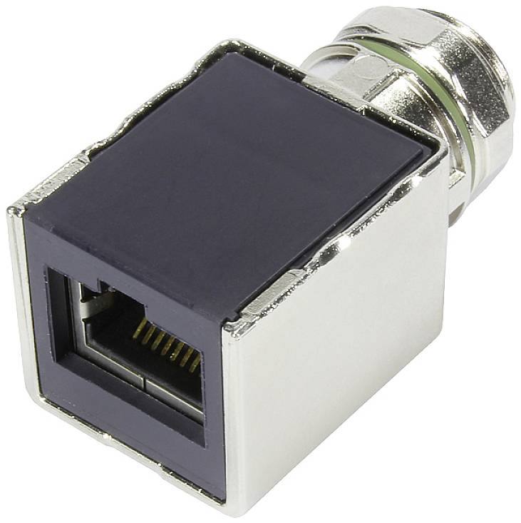 Un adattatore di rete RJ45 in metallo di forma rettangolare, adatto per collegare cavi in dispositivi di rete.
