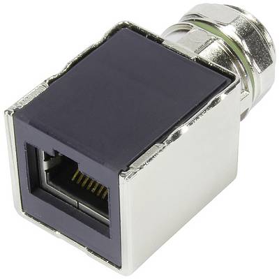 Un adattatore di rete RJ45 in metallo di forma rettangolare, adatto per collegare cavi in dispositivi di rete.