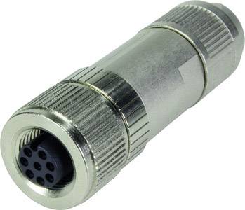 Un connettore cilindrico in metallo con più prese rotonde all'estremità anteriore, adatto per connessioni elettriche.