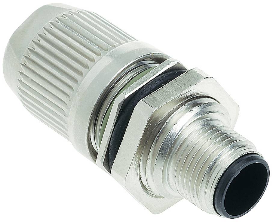Pezzo di raccordo metallico filettato con impugnatura zigrinata, comunemente utilizzato in applicazioni elettriche e meccaniche.