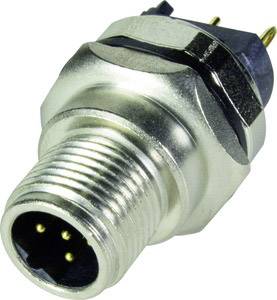 Connettore circolare argentato con più pin, utilizzato per connessioni elettroniche.