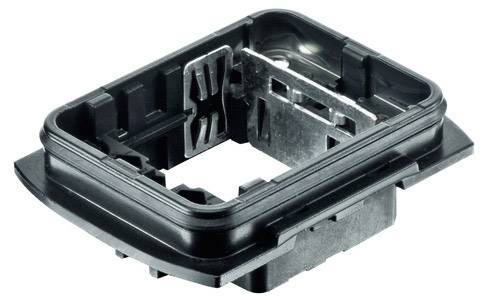 Cornice nera in plastica con aree quadrate aperte e dettagli strutturati, probabilmente parte di un componente tecnico.