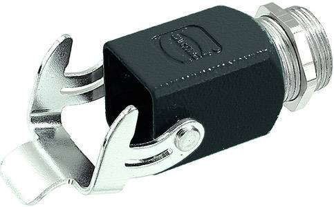 Un connettore macchina rettangolare di colore nero opaco, con due clip metalliche argentate e un anello filettato zigrinato sul lato destro.