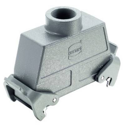 Involucro in metallo con due leve laterali e un filetto centrale sulla parte superiore per connettori industriali.