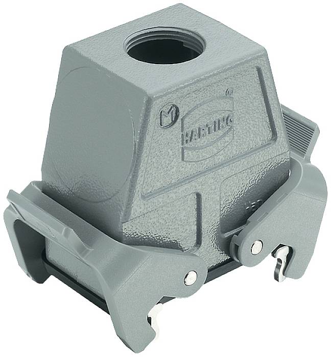 Involucro di un connettore industriale, forma rettangolare, colore grigio, design robusto con leva di fissaggio. Logo del marchio visibile.