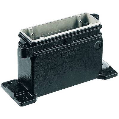 Custodia elettrica nera rettangolare con parte superiore aperta e flangia di montaggio sui lati, utilizzata per connessioni elettriche.
