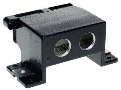 Un componente metallico nero con due aperture rotonde sul lato frontale, probabilmente un involucro per sensori.